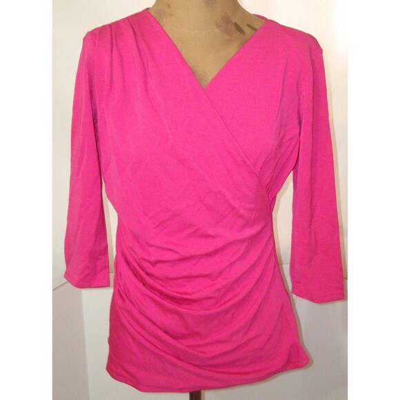 NWT New Designer Josie Natori Top Blouse Pink Dark Womens Ruched S 3/4 Sleeves - Picture 1 of 10